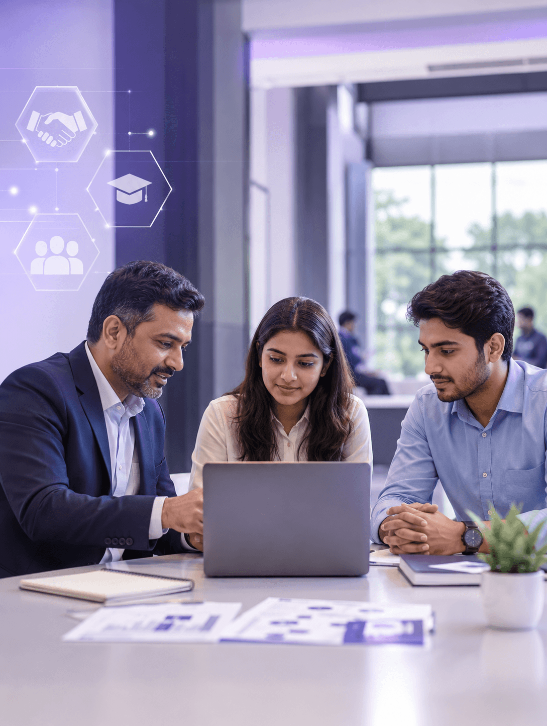A mentor reviewing a project with two students
